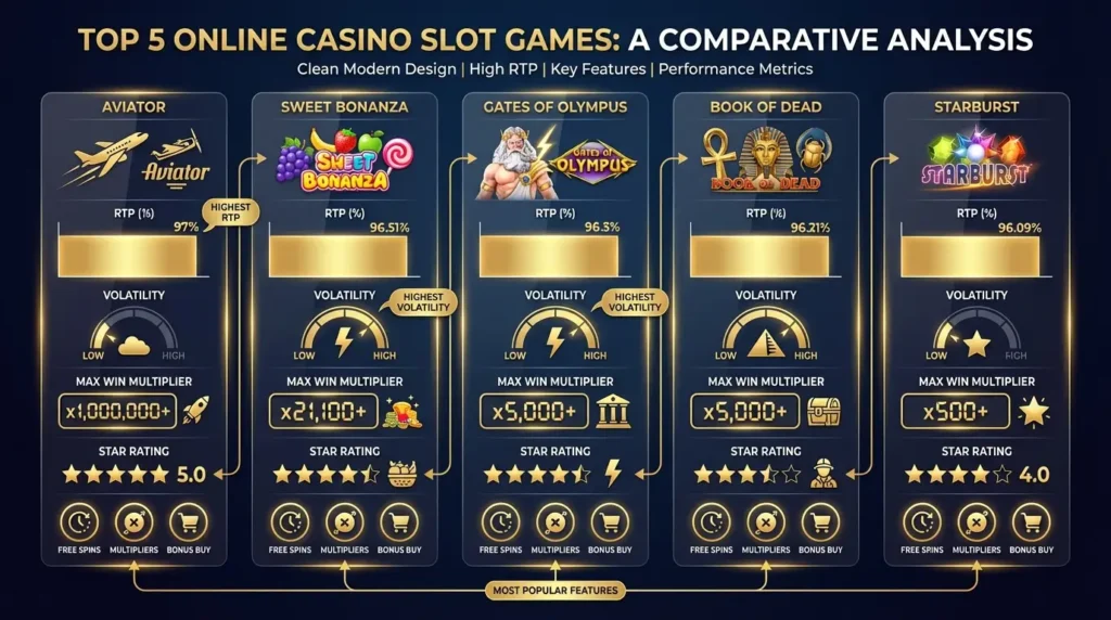 Mashhur Slotlar TOP 5 slot o'yinlari taqqoslash - RTP, volatilnost va maksimal yutuq